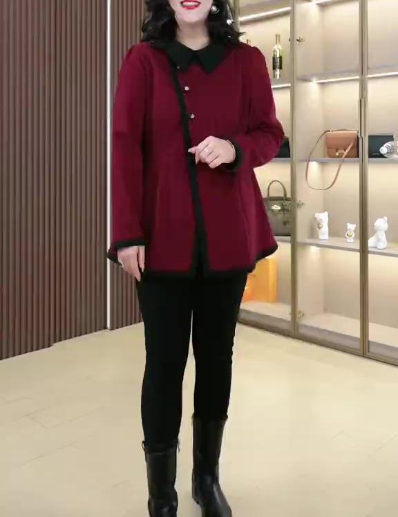 Autumn/Winter Woolen A-line Slimming Collared Shirt for Middle-Aged Women