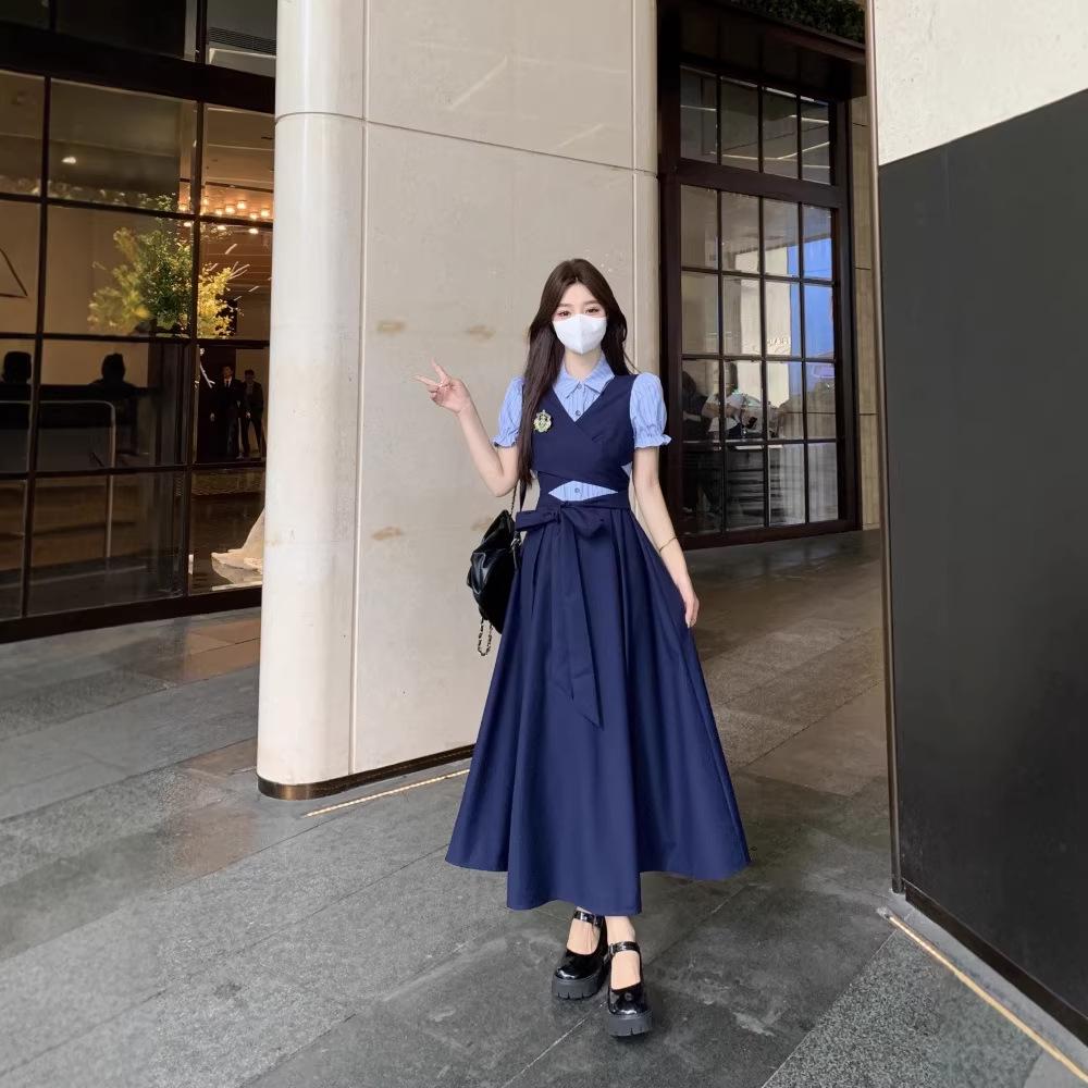 British College Style 2026 Summer Patchwork Waist-Cinched Polo Collar Long Dress for Women