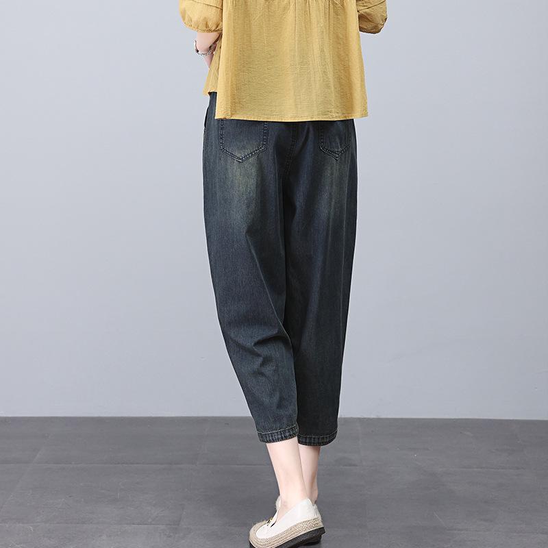 

Лето 2025 Женские Повседневные Свободные Джинсы-Гаремы из Денима в Лоскутной Технике XXL синий