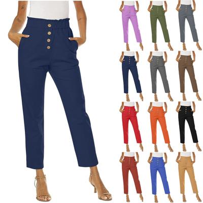Womens Summer Pants Cotton Linen High Waisted Pants Loose Fit With Pocket Button Decoration Pants