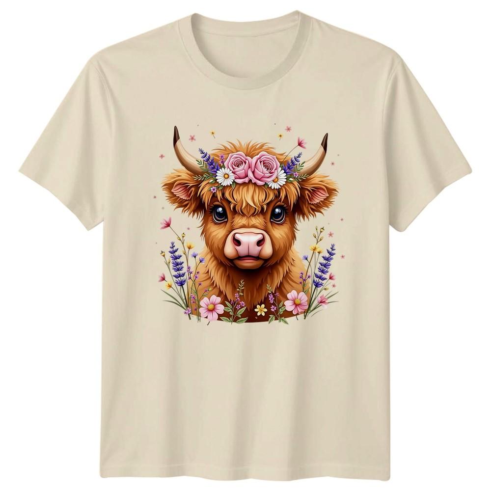 Cute Fluffy Highland Cow Wearing Floral Unisexs TShirt Cattle Birthday