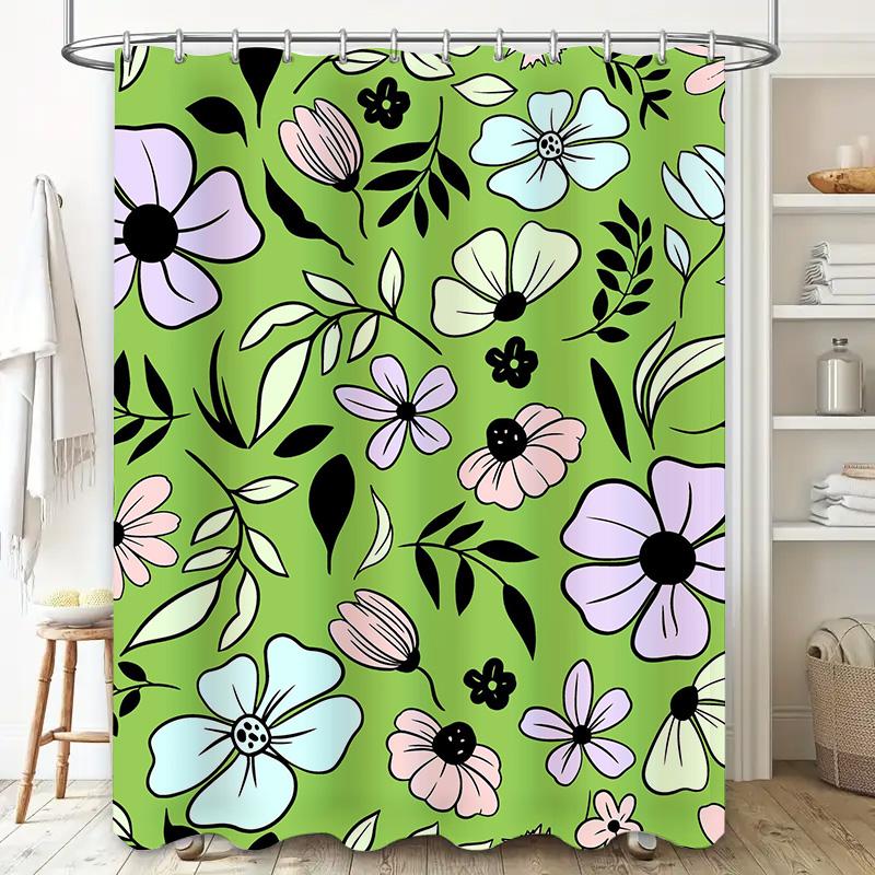 Bright Floral Shower Curtain Green Boho Decor Modern Bathroom Accents