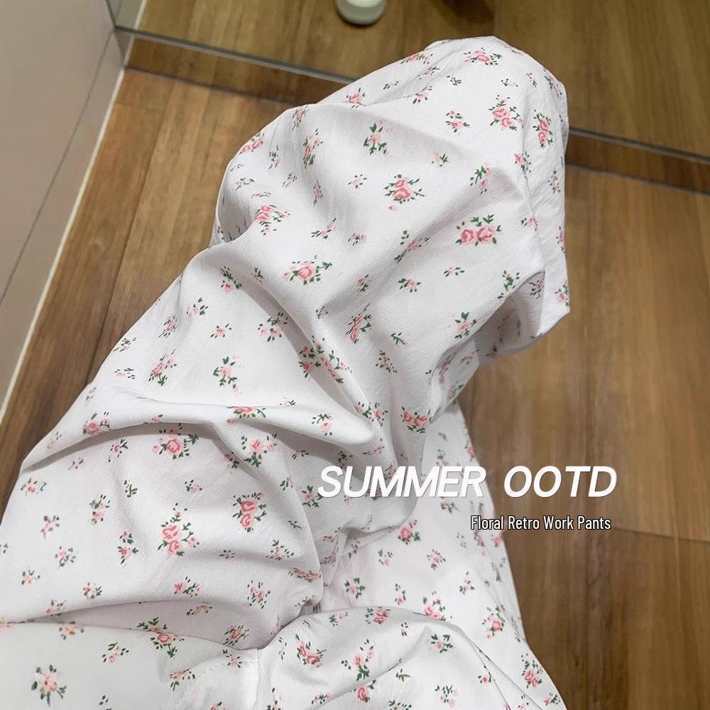 Pantaloni Cargo Largi de Vară/Primăvară 2025 pentru Femei, din Mătase de Gheață Florală: Stil Sportiv Retro Lejer