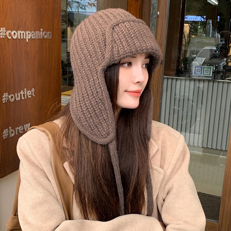 Ørebeskyttelse Strikkelue Vinter Varm Kuldebestandig Flylue Ensfarvet Ull Heklet Luer Koreansk Dame Beanie