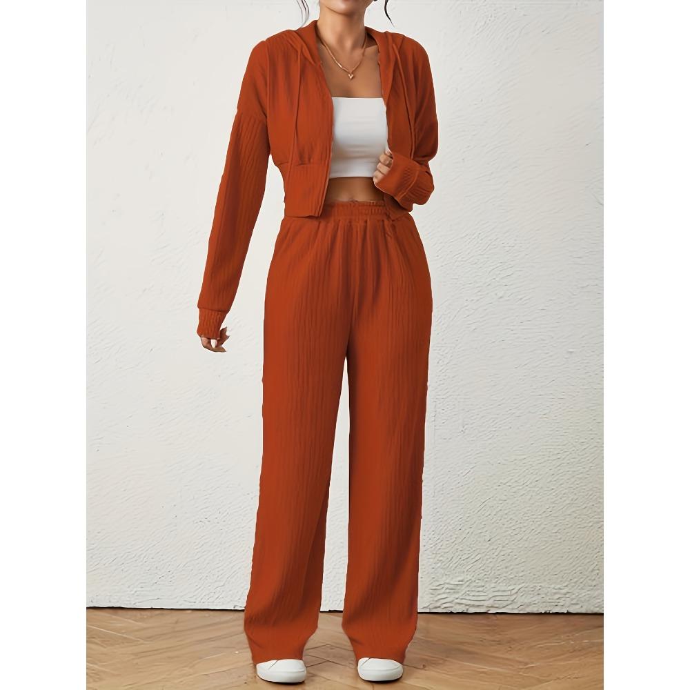 Women's Loose Rib Knit Two Piece Tracksuit Long Sleeve Zip Hoodie Elastic Waist Wide Leg Pants Matching Outfit