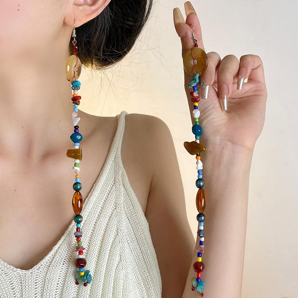 Colorful Bohemia Resin Beaded Long Tassel Drop Earrings Handmade Korean Fashion Geometric Pattern Dangle Earrings for Alloy