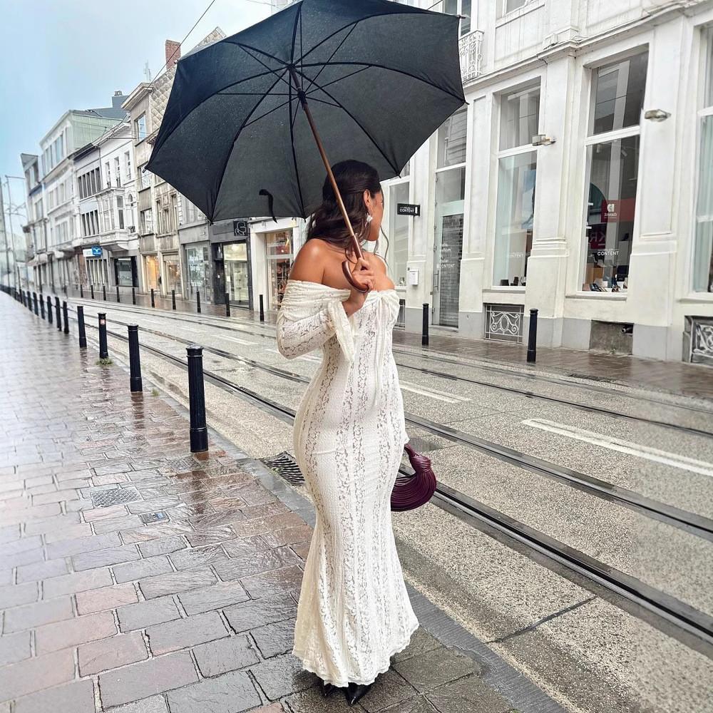 Elegante Abito in Pizzo Bardot a Vita Alta per la Moda Primavera Donna