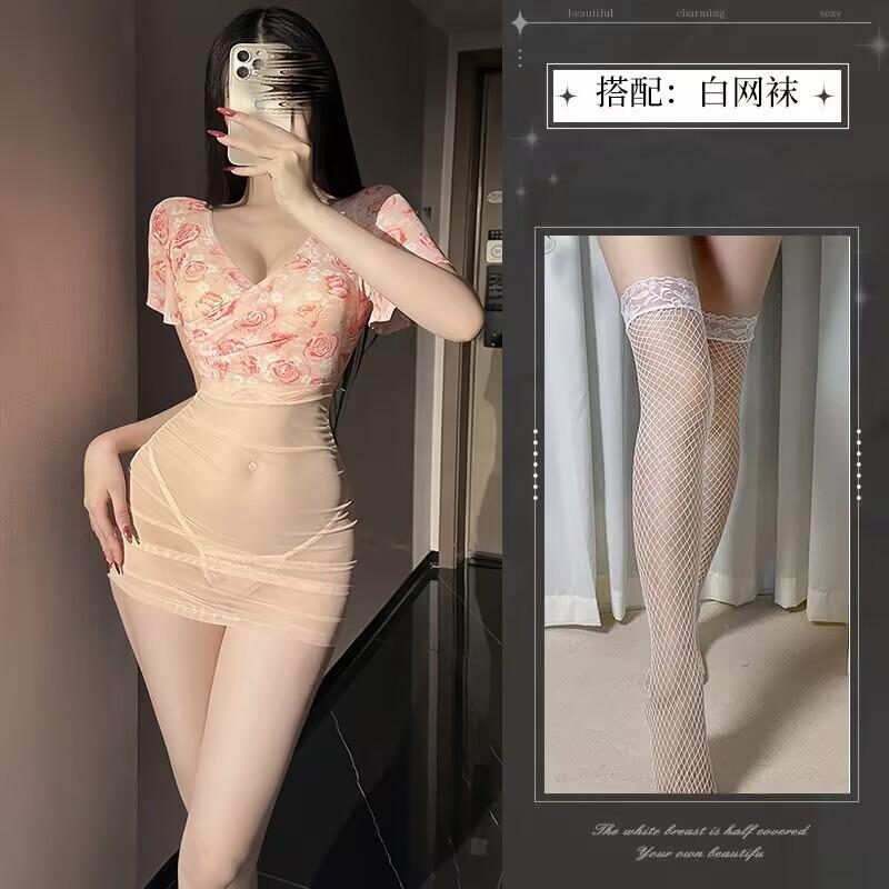 Sex underwear pure desire wind nightdress backless hip skirt floral sexy temptation deep V clothing