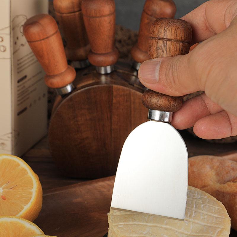 Acacia Wood Cheese Knife Set: Stainless Steel Knife, Fork, and Spatula with Storage Base