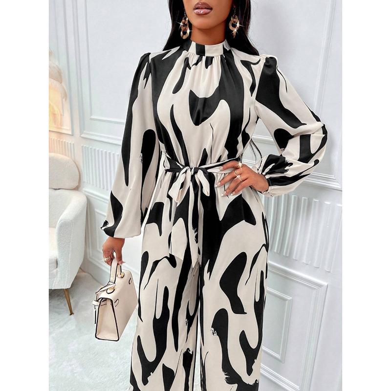 Fashion Stand Collar Long Sleeve Print Casual Jumpsuits Women Bodysuits Elegant Slim Fit Loose Woman Jumpsuit Simple High Waist Ladies Rompers 25907