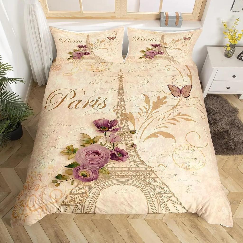 Vintage Eiffel Tower Duvet Cover Set Modern 3D Paris Theme Bedding Sets World Famous City Landscape Comforter Cover Quilt Cover