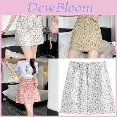 Korean Style Flowy Floral Denim Short Skirt With Zipper For Spring Summer Casual Wear