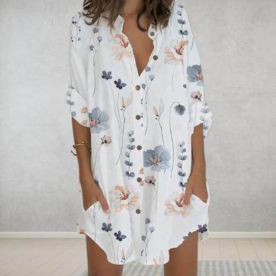 Summer Women Dress Turn-down Collar V Neck Lapel Long Sleeve Pockets Floral Print Loose