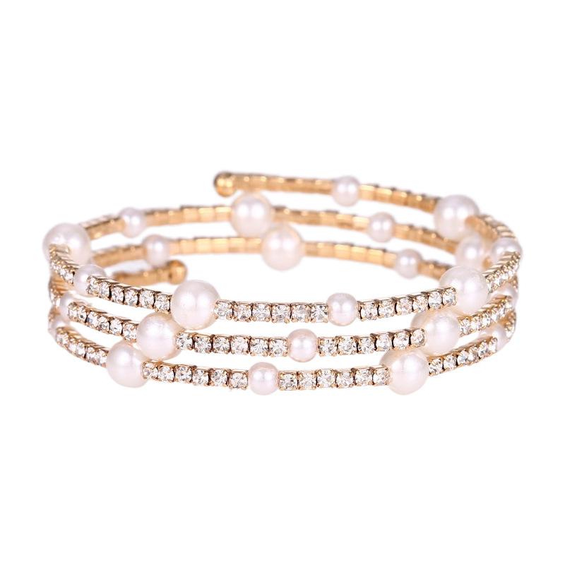 Open pearl rhinestone bracelet, multi-layer ethnic style bracelet bride elastic diamond bracelet women