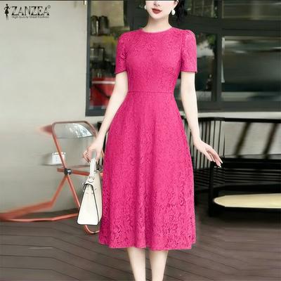 Women Casual Round Neck Short Sleeve Elegant Patchwork Lace Dress