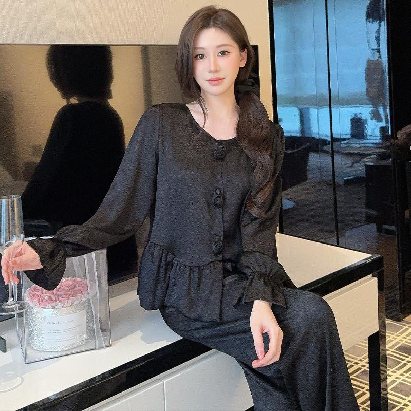 Summer ice silk pajamas women's thin, round neck lotus leaf edge sleeves lively and cute style youth homewear suit