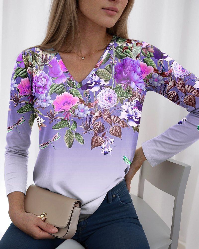 

V-neck 3D Flower Love Printed Top Casual Long Sleeved Women s T-shirts - Soft Medium Stretch Polyester Fabric Spring and Autumn Relaxed Fit Clothing 5XL