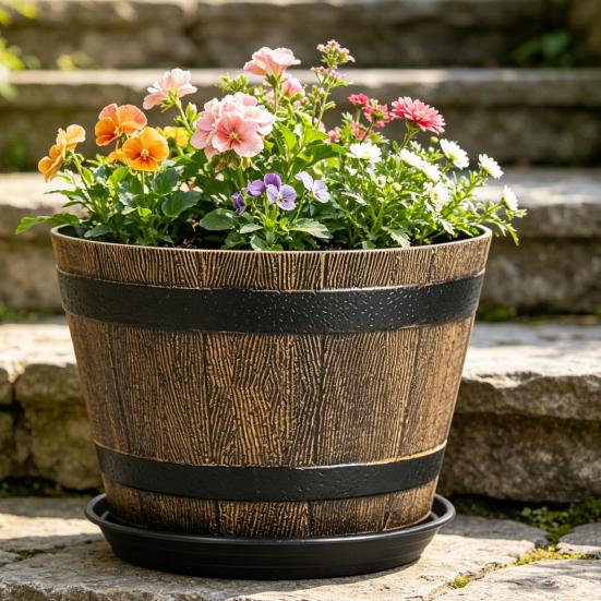 Yousheng Rustic Barrel-Style Round Planter, Wood-Inspired Finish Resin Planter with Built-In Drainage System, for Outdoor Patio And Garden