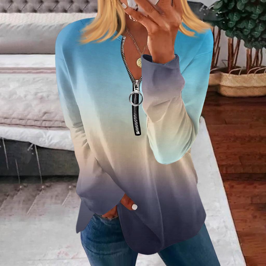 Women's Zipper Round Neck Tops Cotton Blouses Casual Fashion Shirt Tops Women's Casual Long Sleeve Tops