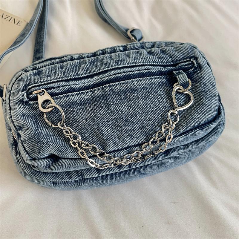 Washed Denim Crossbody Bag with Front Zipper Pocket and Decorative Chain Detail Casual Shoulder Purse for Women Daily