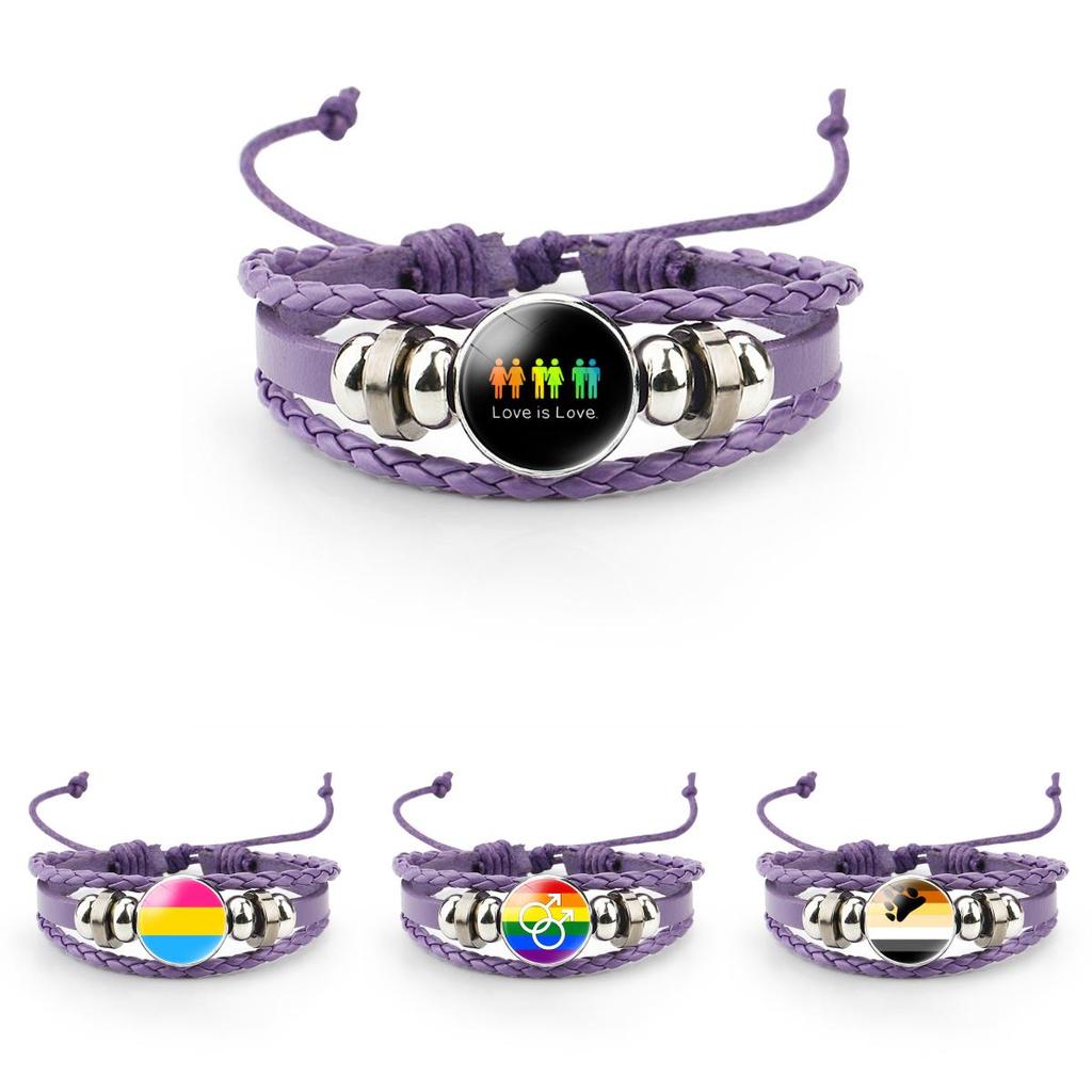 Unique Purple Leather Bracelet With Rainbow Flag Time Gemstone For Men And Women