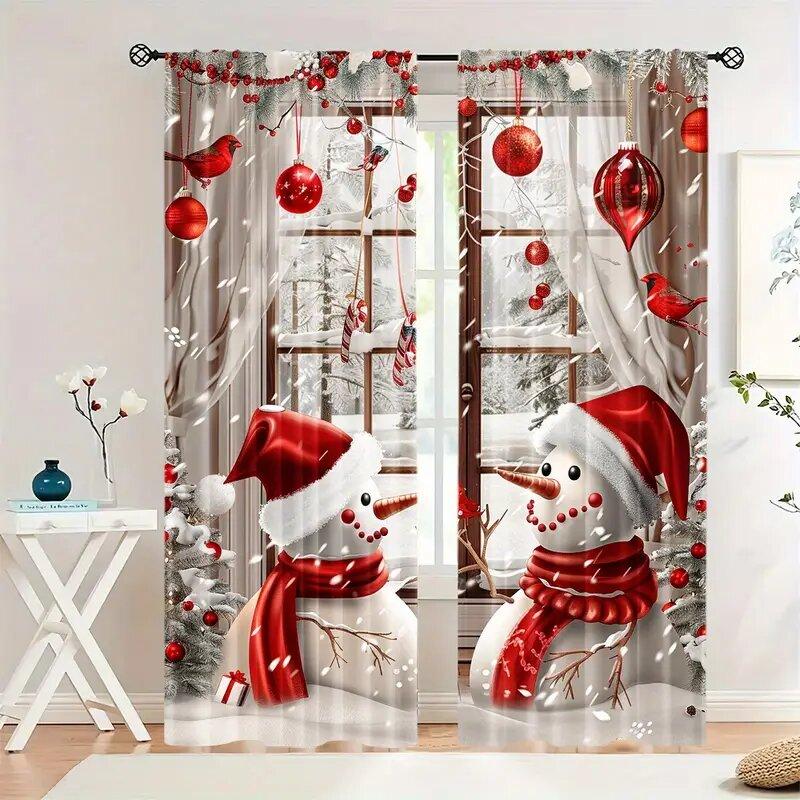

Set Of 2 Christmas Snowman Gift Pattern Printed Curtains Home Decoration Room Made Polyester W100*H70(CM)-Rod Pocket&2PCS