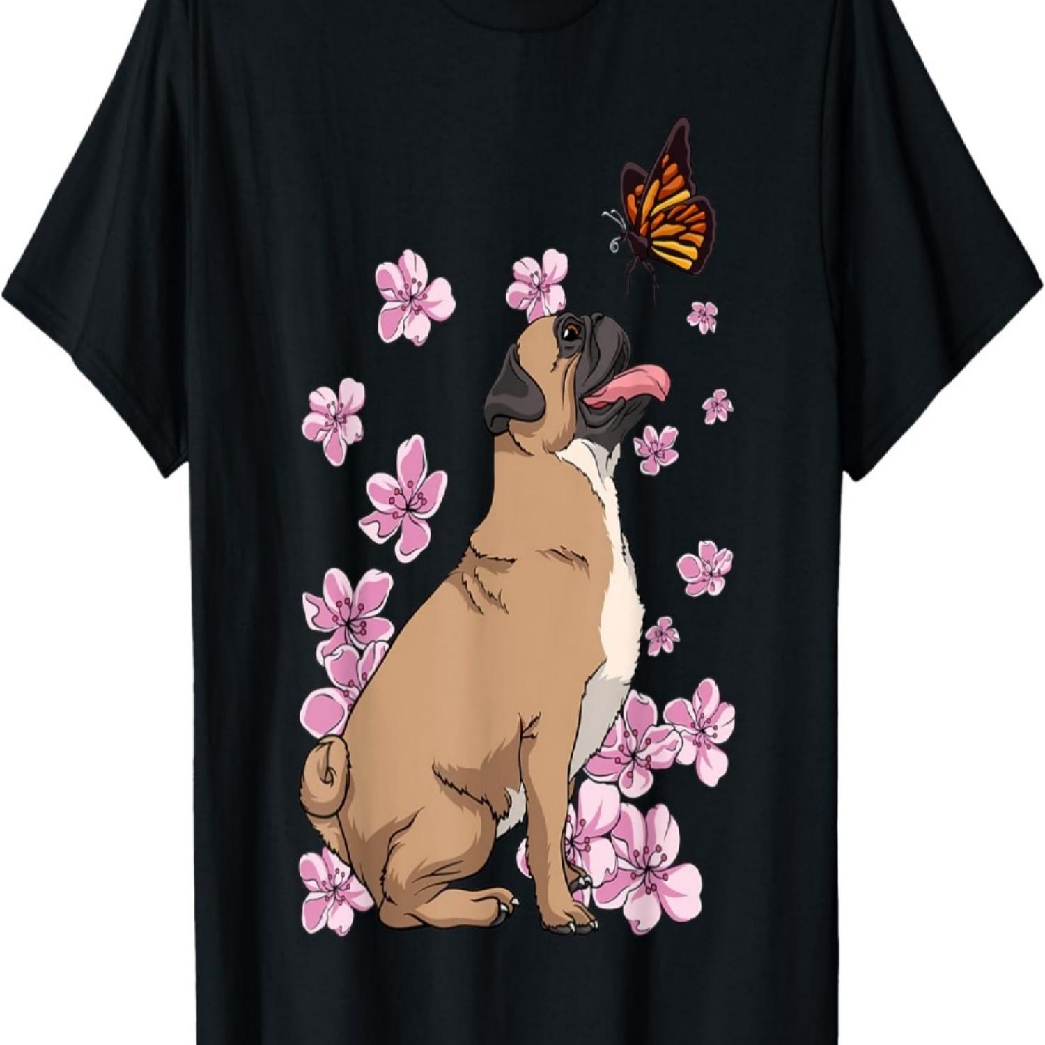 Pug With Butterfly  Sakura Cherry Blossom T-Shirt S чёрный
