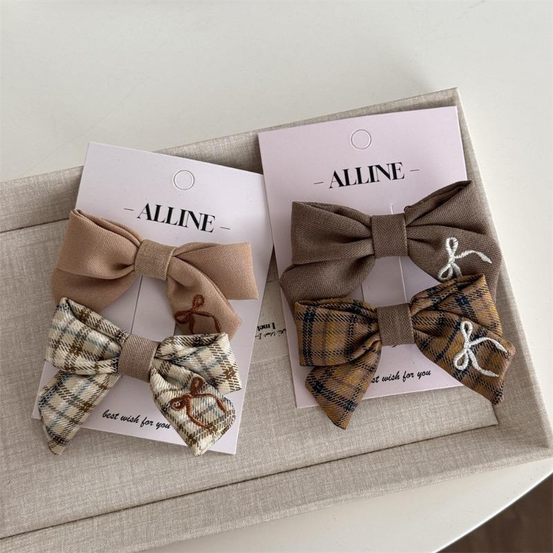 Milk Coffee Plaid Embroidered Bow Hairpin Sweet and Cute BB Clip Versatile Texture Side Clip Hair Accessories