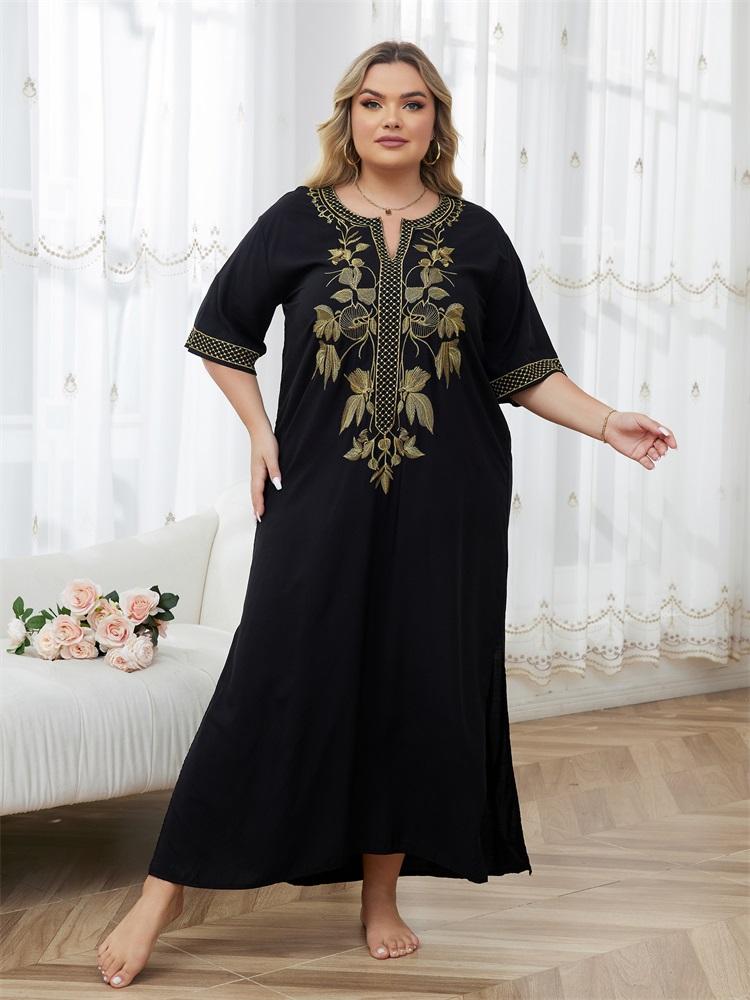 2024 Elegant Gold Embroidered Plus Size Black Kaftan Sexy Bathing Suit Cover Up For Women Summer V-neck Short Sleeve Beachwear Cozy House Dress Q1664