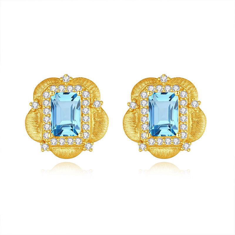 European American Retro Italian Brushed Natural Crystal Stone Earrings S925 Sterling Silver Stud Earrings Women's Jewelry Gift