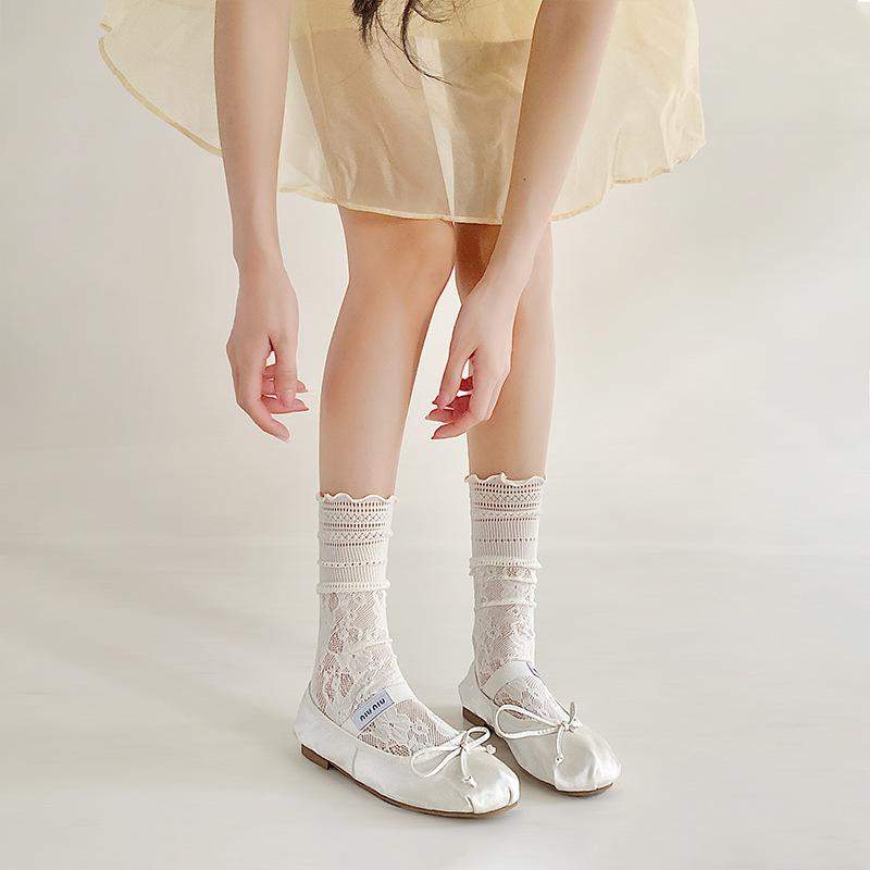 Black Fungus Lace Pile Socks for Women, Summer Hollowed-out Mid-calf Socks, Sweet Lace Lolita Red Lace Thigh-high Socks