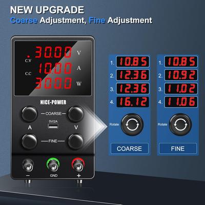 30V 10A Adjustable DC Power Supply, 4-Digit LED, 5V/2A USB, Test Leads, Bench Lab PSU