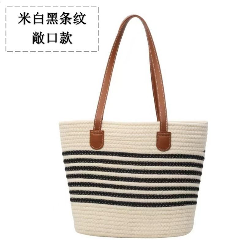 Versatile High-end Straw Bag, Seaside Vacation Striped Woven Bag, Women's Large-capacity Shoulder Beach Tote Bag