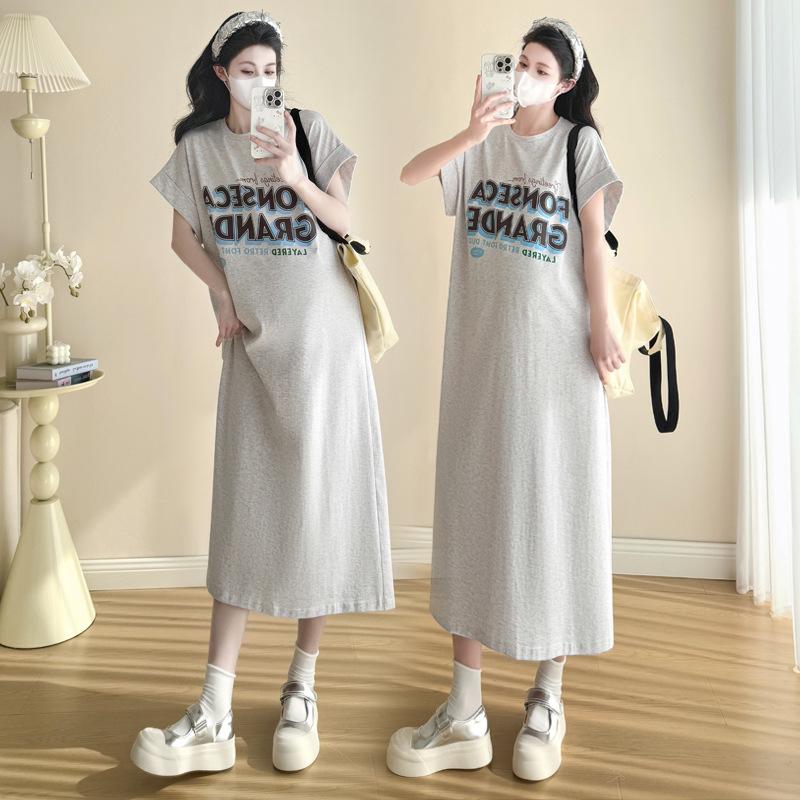 

2026 Spring/Summer Plus Size Maternity T-Shirt Dress - Short-Sleeved, Long and Loose Casual Fit for Trendy Moms 3XL серый