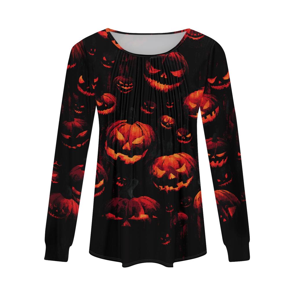 Women's Casual Long Sleeve T Shirt Pleated Round Neck Halloween Pumpkin Print Top Lightweight Comfortable Fit