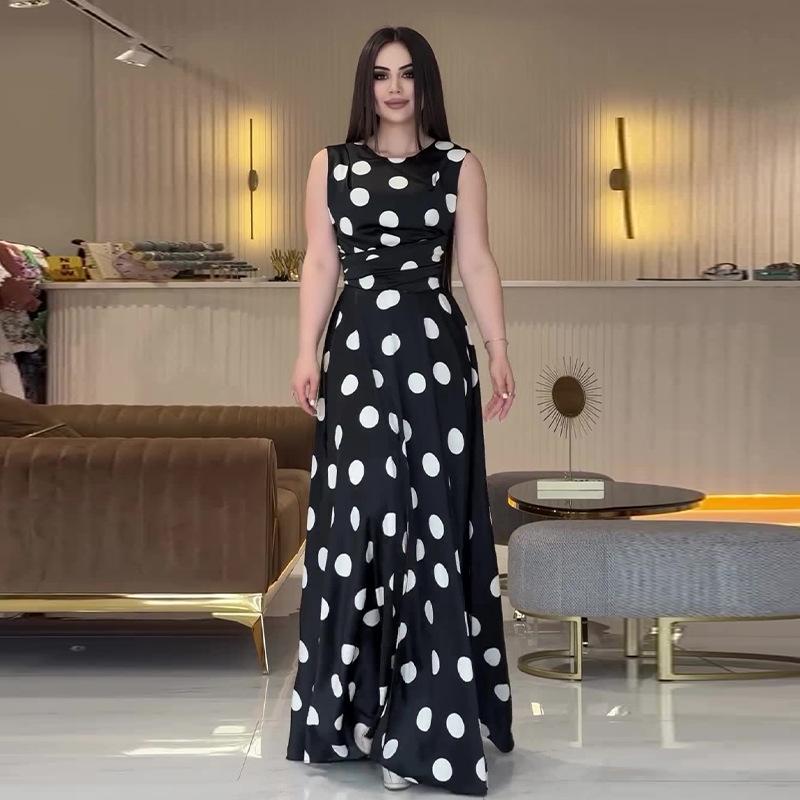 

Летнее европейско-американское женское длинное платье без рукавов в горошек 2024 S чёрный