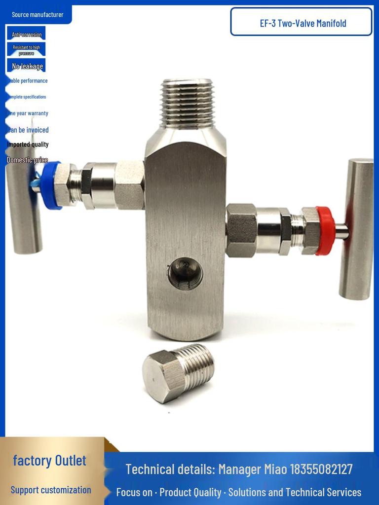 EF-3 Stainless Steel Integrated Two-Valve Manifold with Pressure Gauge and Double Thread.