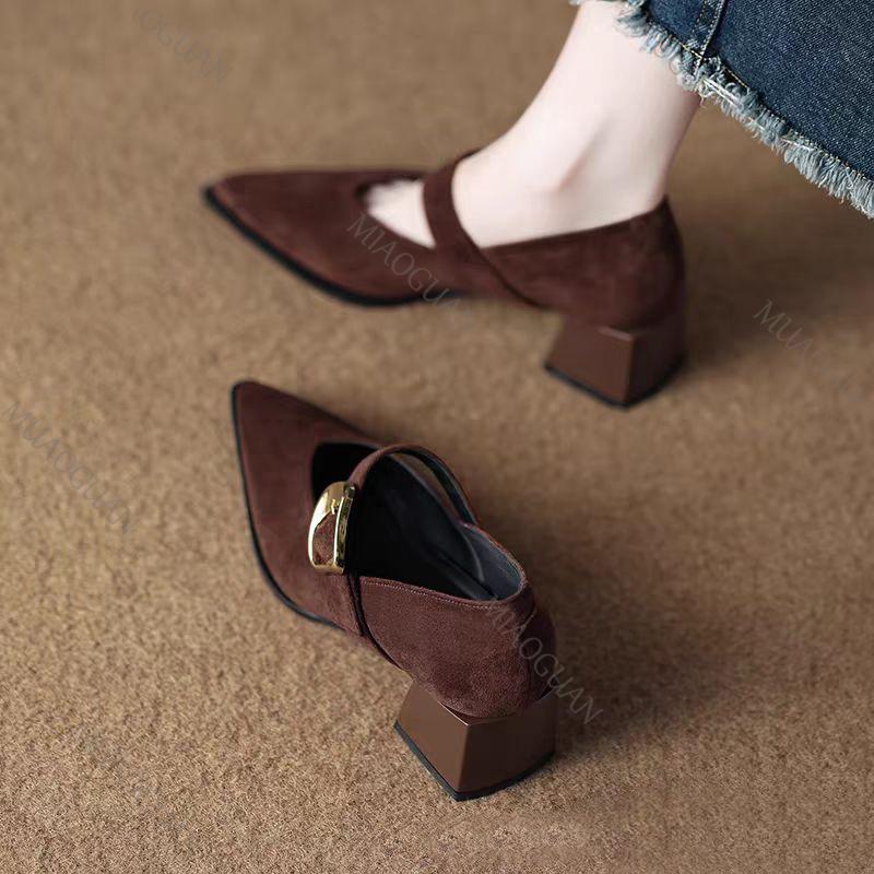 Pumps for Women Chunky Heel Pointed Toe Belt Buckle Mid Heeled Spring Autumn New Women's Office Commute Mary Jane Single Shoes