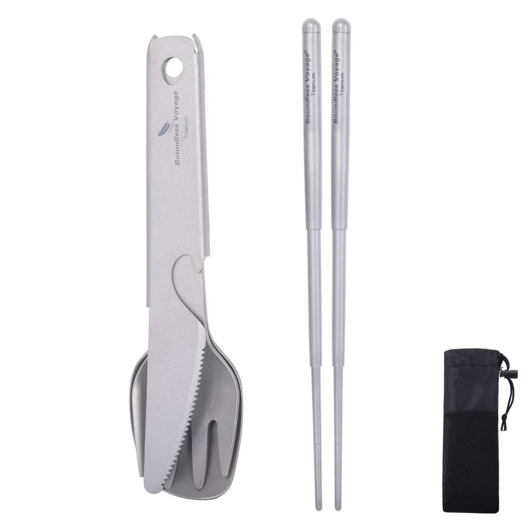 Boundless Voyage Titanium Cutlery 4 Piece Set Chopsticks Fork Spoon