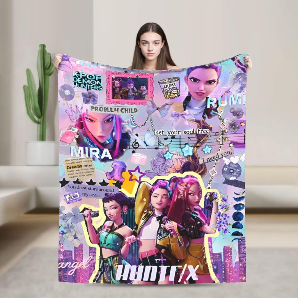 Kpop Demons Huntrix Hunters Flannel Blankets Rumi Mira Joey Creative Throw Blanket for Bedspread 125*100cm Rug Piece Soft