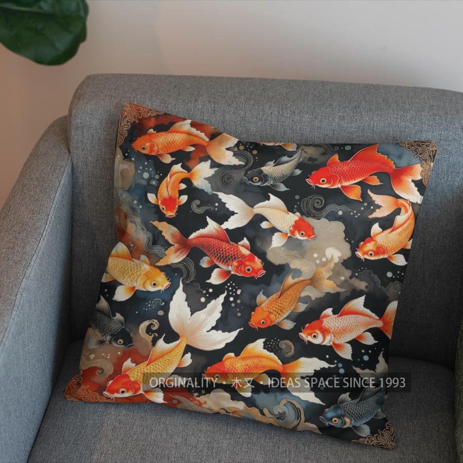 2D Vintage Koi Fish Pattern Decorative Throw Pillow Pattern Cushion Cover Suitable For Sofa Bedroom Car Pillow Cover