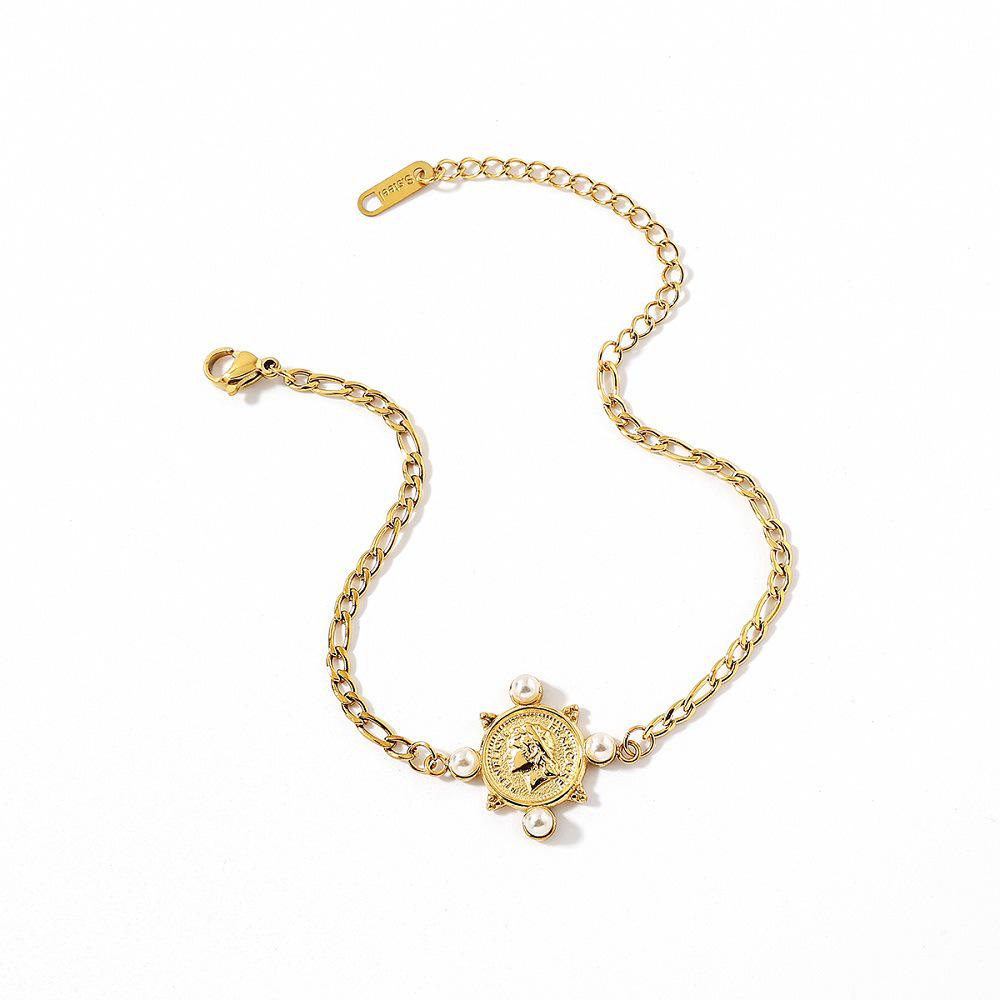 Ying Tai Retro Queen Head 18K Gold-Plated Stainless Steel Bracelet for Women