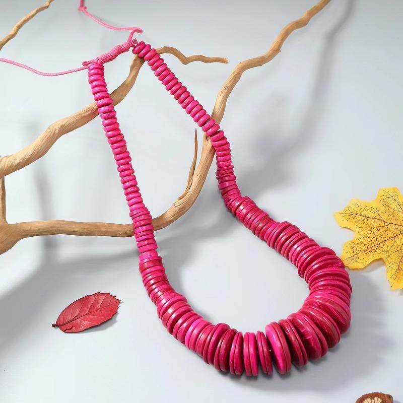 Vintage Style Colorful Beaded Necklace, Long Handmade Bohemian Jewelry with Wood and Coconut Shell Pendant for Women Personalized Accessory