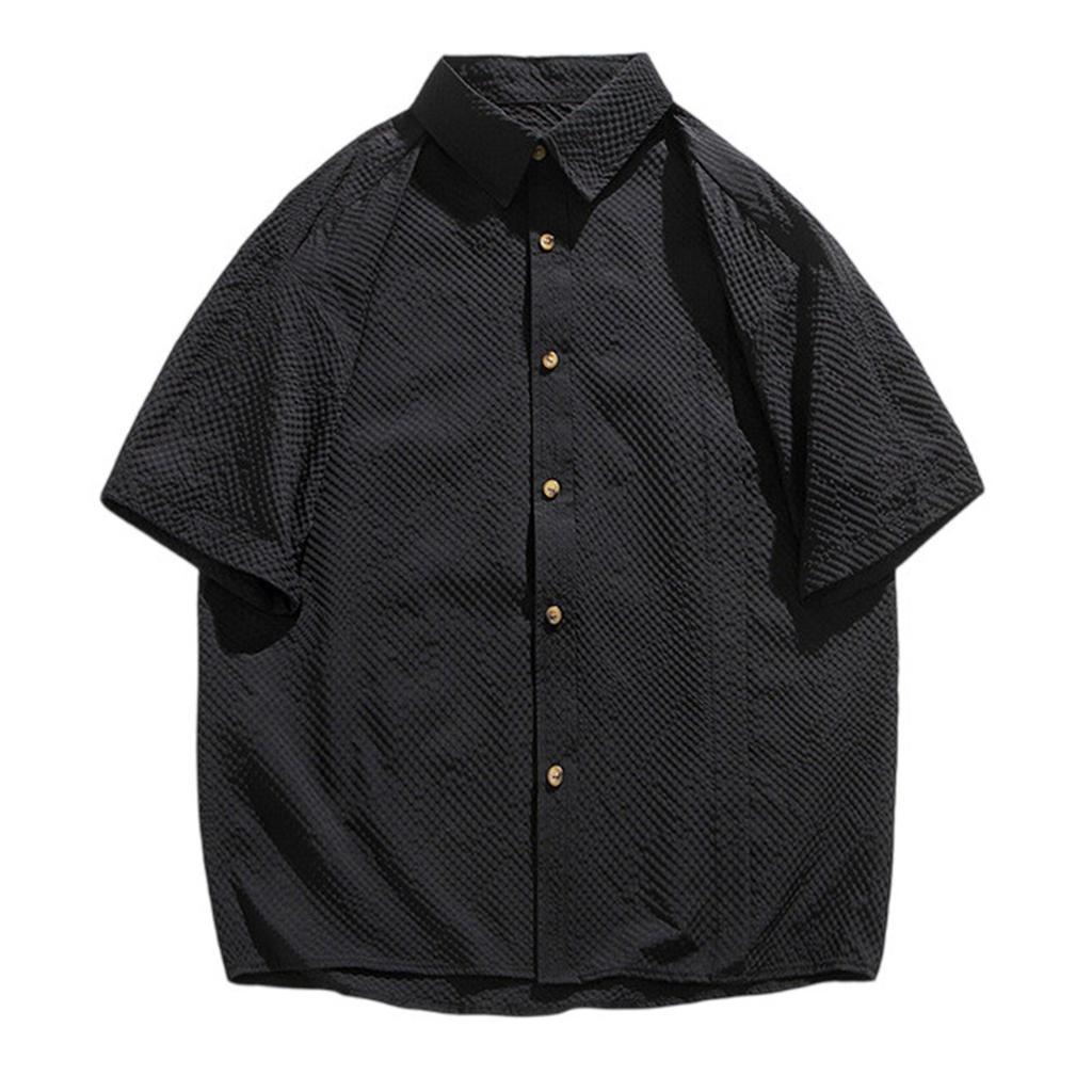 Men's Summer Pleated Seersucker Short-sleeved Shirt Light Shirt Cardigan Shirt