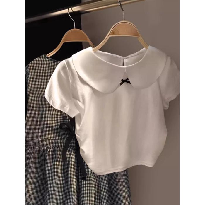 

Летняя футболка для девочки в корейском стиле с воротником Питер Пэна и бантом, 2025 Extra Large белый