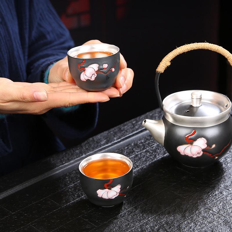 Pure Silver Teapot One Pot Two Cups Gilt Silver Tea Set Outdoor Simple Travel Ceramic Tea Brewer Portable Bag with Printing