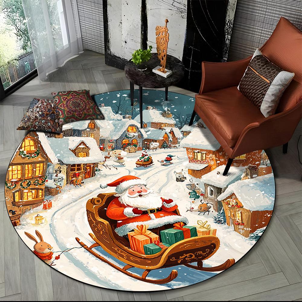 Cartoon Santa Claus Merry Christmas Snowman New Year Round Carpet Rug for Bedroom Living Room Sofa Decoration,Decor Floor Mat