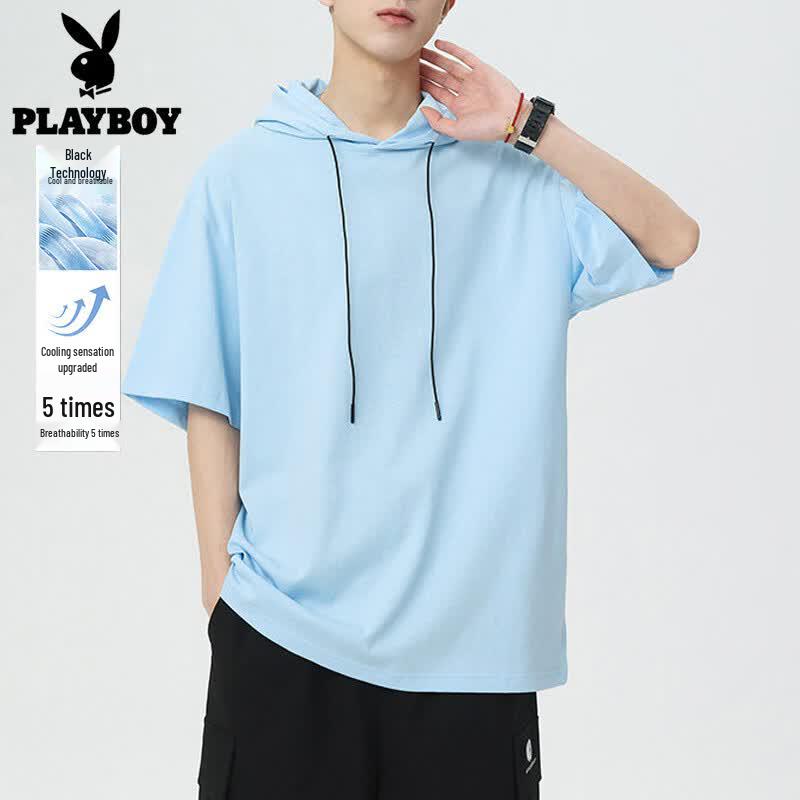 PLAYBOY Men s Ice Silk Hooded Short Sleeve T-shirt 2XL