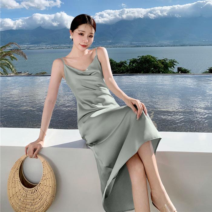 French acetate silk satin swing neck suspender dress summer drape waist hip skirt celebrity fishtail dress