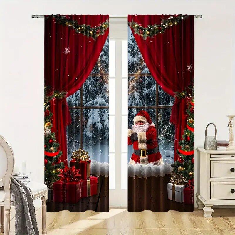 2pcs - Christmas Style Santa Claus Pattern Printed Curtains   Through-bar Curtains   Home Decoration   Room Decoration